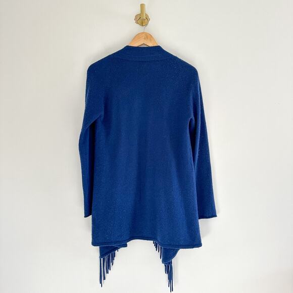 Kinross Cashmere Open Front Fringe Long Sleeve Draped Cardigan Sweater Blue XS - Picture 2 of 7